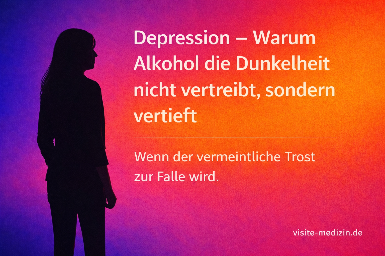 Grafik im Visite-Medizin.de-Stil: links eine stehende weibliche Silhouette im schwarzen Passepartout-Stil. Hintergrund ist ein weicher Farbverlauf von Blau und Violett über Magenta zu Rot und Orange. Rechts steht in großer weißer Schrift: „Depression – Warum Alkohol die Dunkelheit nicht vertreibt, sondern vertieft“. Darunter in kleinerer weißer Schrift: „Wenn der vermeintliche Trost zur Falle wird.“ Unten rechts steht die Signatur „visite-medizin.de“.