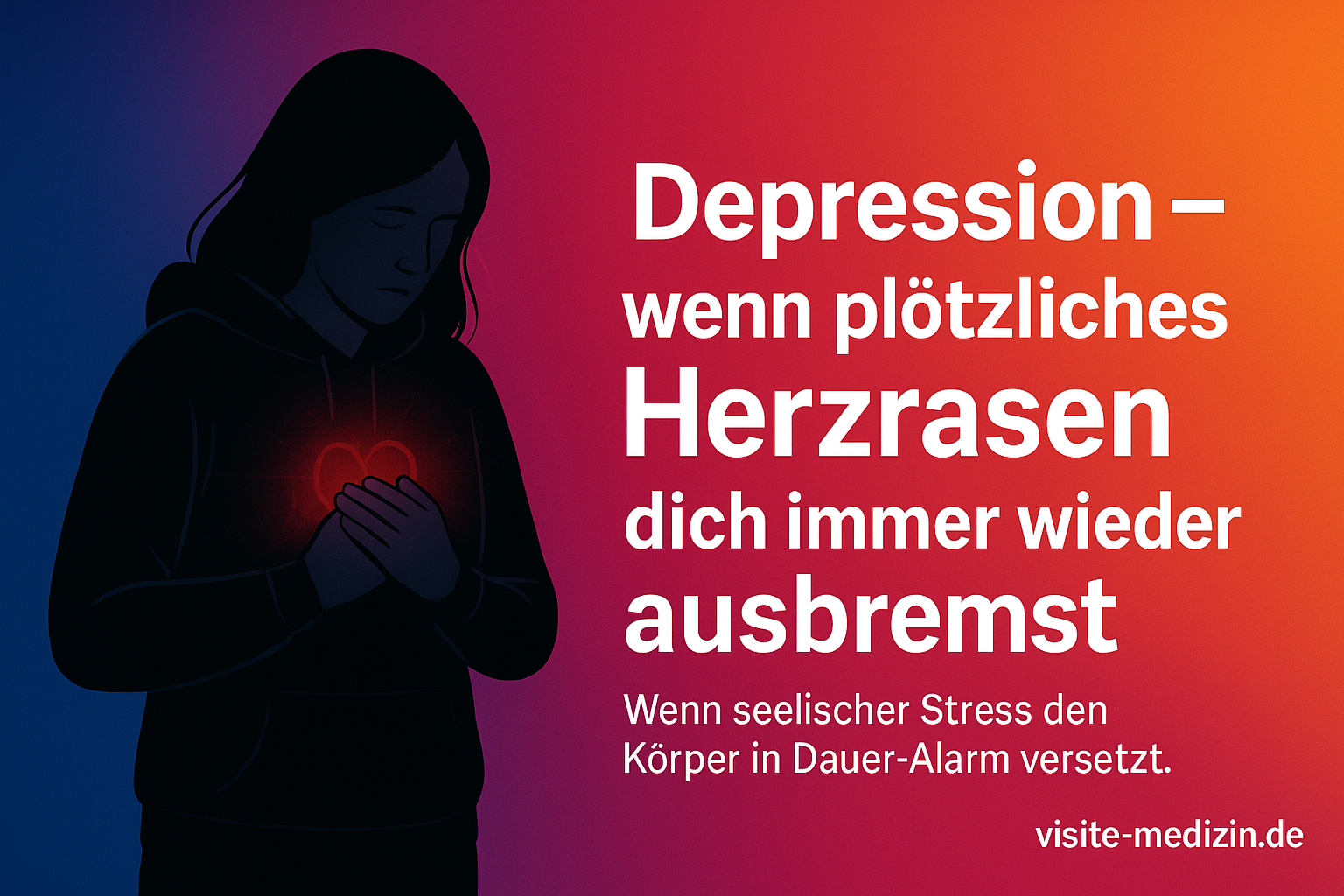 Schwarze Silhouette einer etwa 40-jährigen Frau im Hoodie vor einem Farbverlauf von Blau über Magenta und Rot zu Orange. Sie steht links im Bild und hält mit beiden Händen ihre Herzgegend, als würde sie ihr rasendes Herz festhalten. Rechts im Bild steht in weißer Schrift der Titel: Depression – wenn plötzliches Herzrasen dich immer wieder ausbremst.