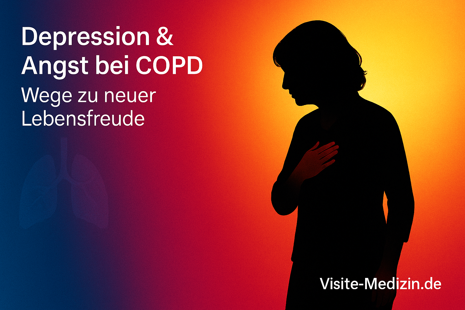 COPD: Silhouette einer etwa 50-jährigen Frau mit Hand auf der Brust vor Farbverlauf Blau→Magenta→Rot→Orange→Gelb; Thema: Depression und Angst, Wege zu neuer Lebensfreude