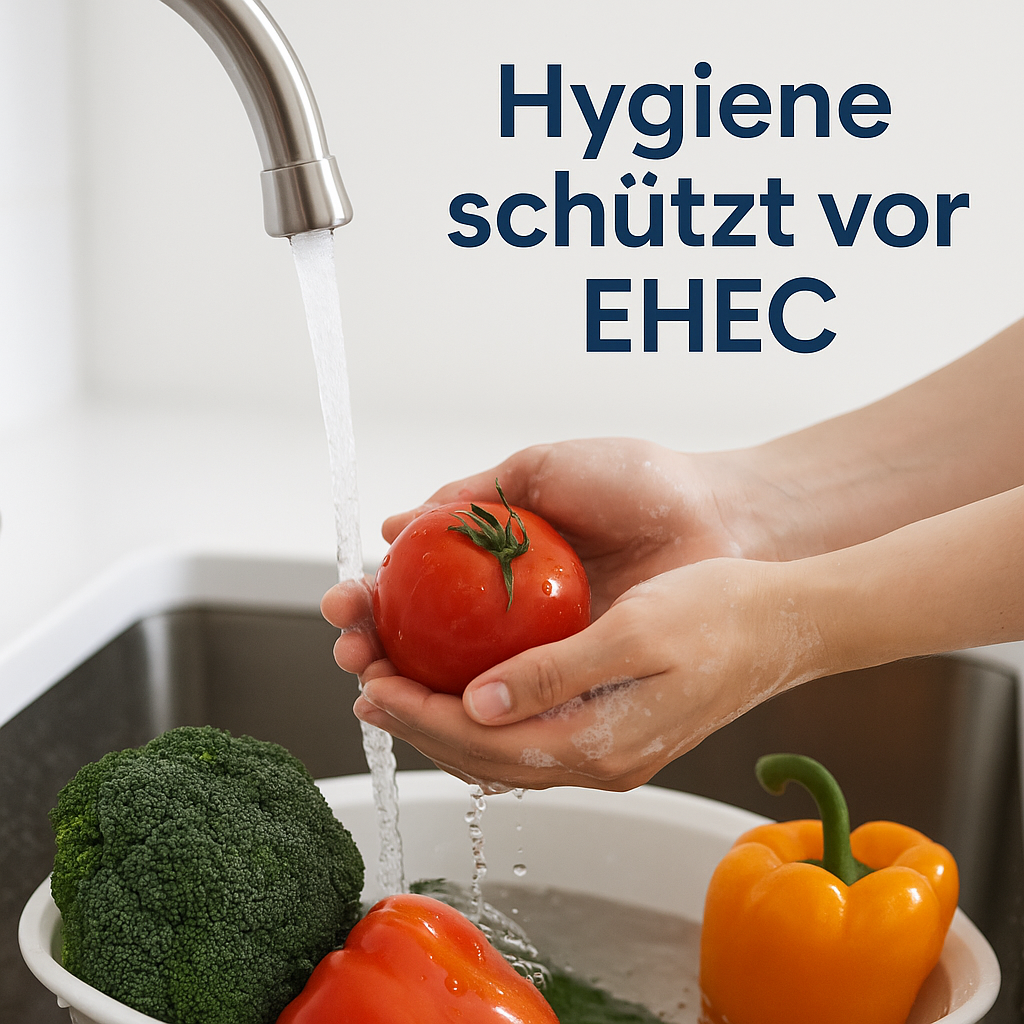 Hände waschen frisches Gemüse unter fließendem Wasser; Aufschrift: „Hygiene schützt vor EHEC“.