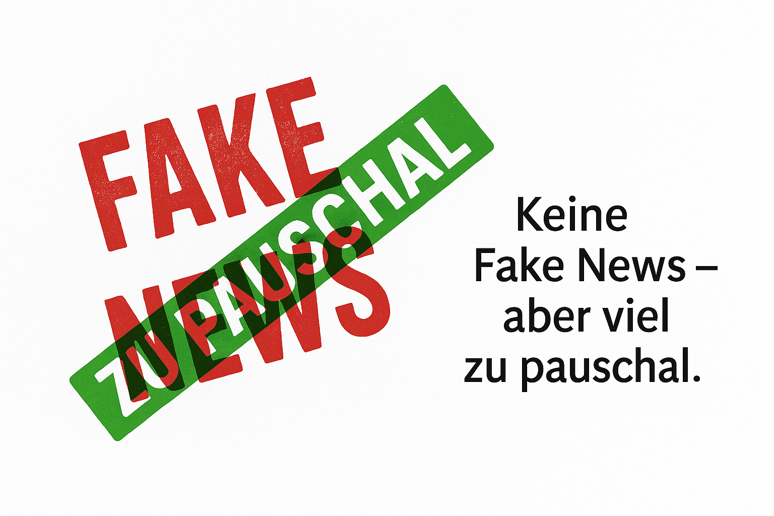 Roter Stempel Fake News, darüber grüner Stempel Zu pauschal. Daneben steht: Keine Fake News – aber viel zu pauschal.
