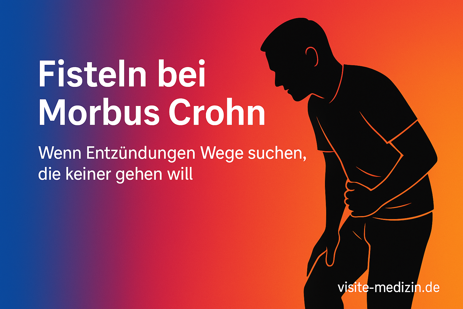 Illustration: Mann hält sich schmerzend den Unterbauch. Titel: Fisteln bei Morbus Crohn. Untertitel: Wenn Entzündungen Wege suchen, die keiner gehen will. Farbverlauf Blau–Magenta–Rot–Orange. Signatur: visite-medizin.de