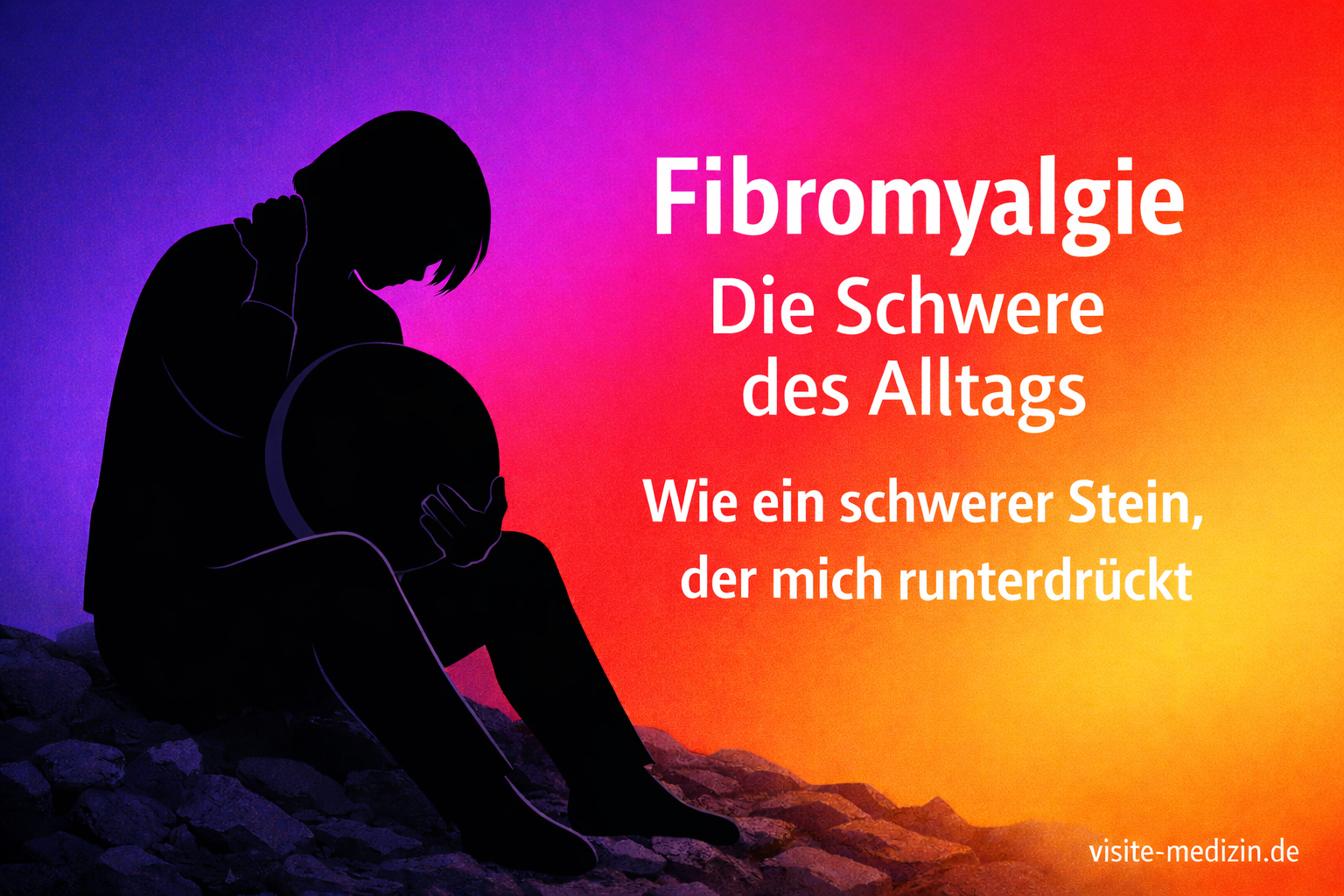 Schwarze Silhouette einer sitzenden Person auf steinigem Boden, die eine schwere runde Last hält; rechts weißer Text: „Fibromyalgie – Die Schwere des Alltags – Wie ein schwerer Stein, der mich runterdrückt“. Unten rechts Signatur: visite-medizin.de.