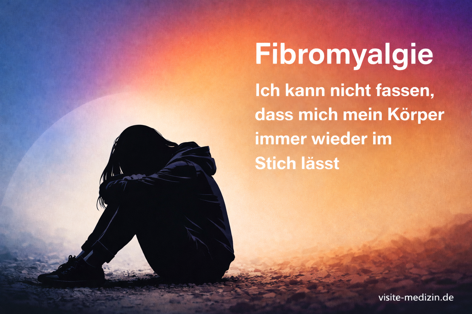 Schwarze Passepartout-Silhouette einer Frau mit Hoodie (Kapuze nicht aufgesetzt), sitzt auf steinigem Boden mit angezogenen Knien und Kopf auf den Knien; abstrakter Farbverlauf (Blau, Magenta, Rot, Orange, Gelb); rechts großer weißer Text: 'Fibromyalgie' und 'Ich kann nicht fassen, dass mich mein Körper immer wieder im Stich lässt'; Signatur: visite-medizin.de.