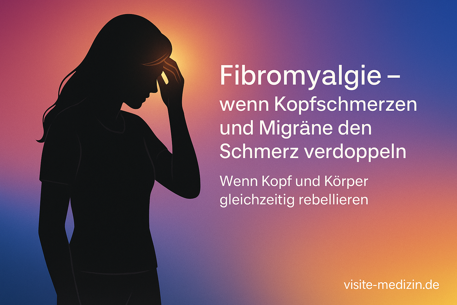 Schwarze Silhouette einer stehenden Frau mit Kopfschmerzen vor einem farbigen, positiven Verlaufshintergrund. Titel: Fibromyalgie – wenn Kopfschmerzen und Migräne den Schmerz verdoppeln.