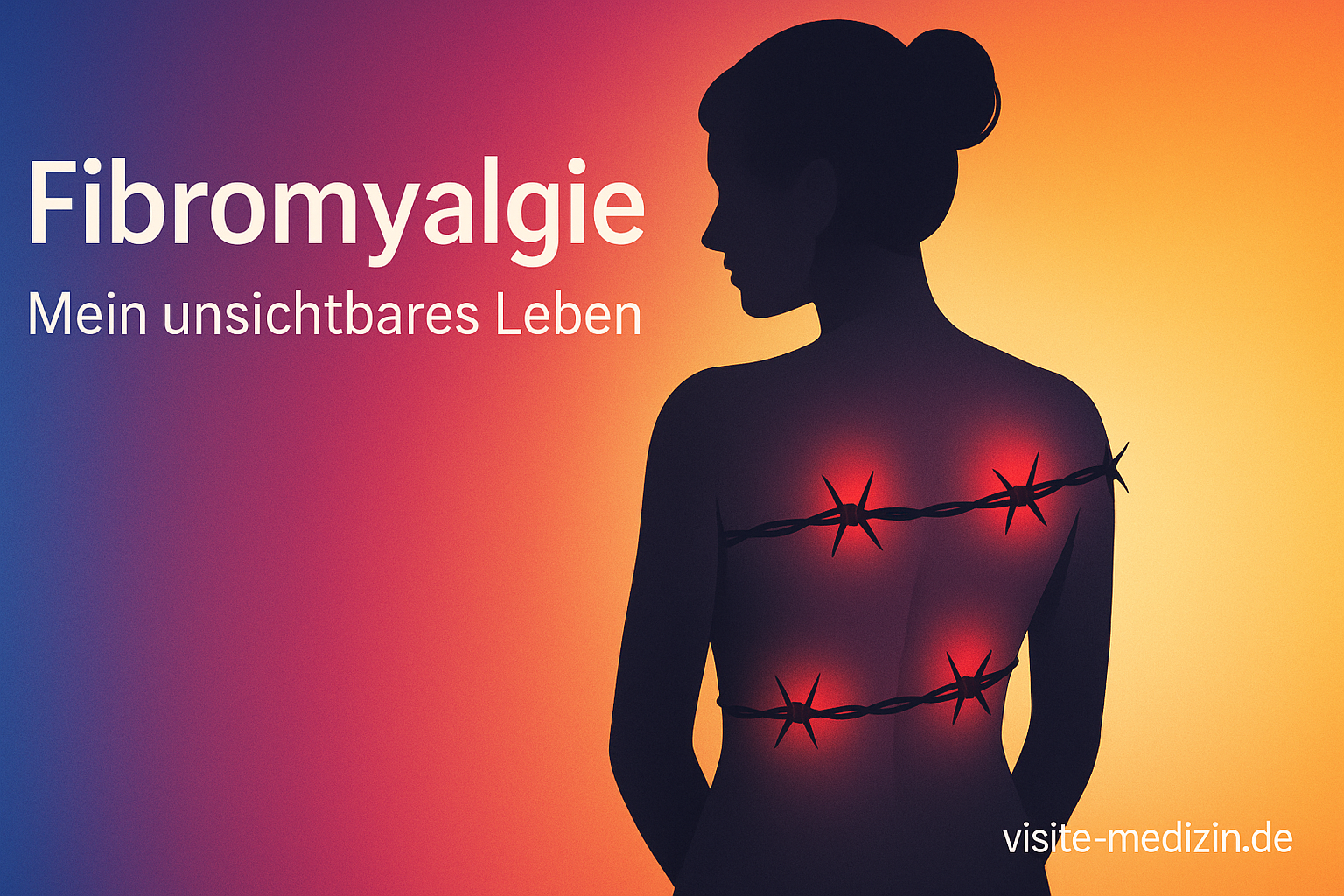 Silhouette einer Frau von hinten, um den Rücken liegt Stacheldraht mit roten schmerzhaften Stellen, Titel Fibromyalgie – Mein unsichtbares Leben, Signatur visite-medizin.de