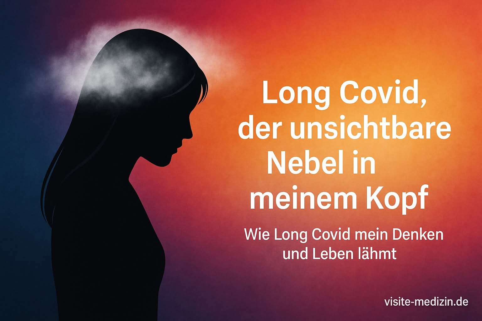 Silhouette einer Frau mit langem Haar, um ihren Kopf zieht sich ein weißer Nebel vor einem Farbverlauf von Blau über Magenta zu Orange und Gelb – Symbol für Brain Fog bei Long Covid.