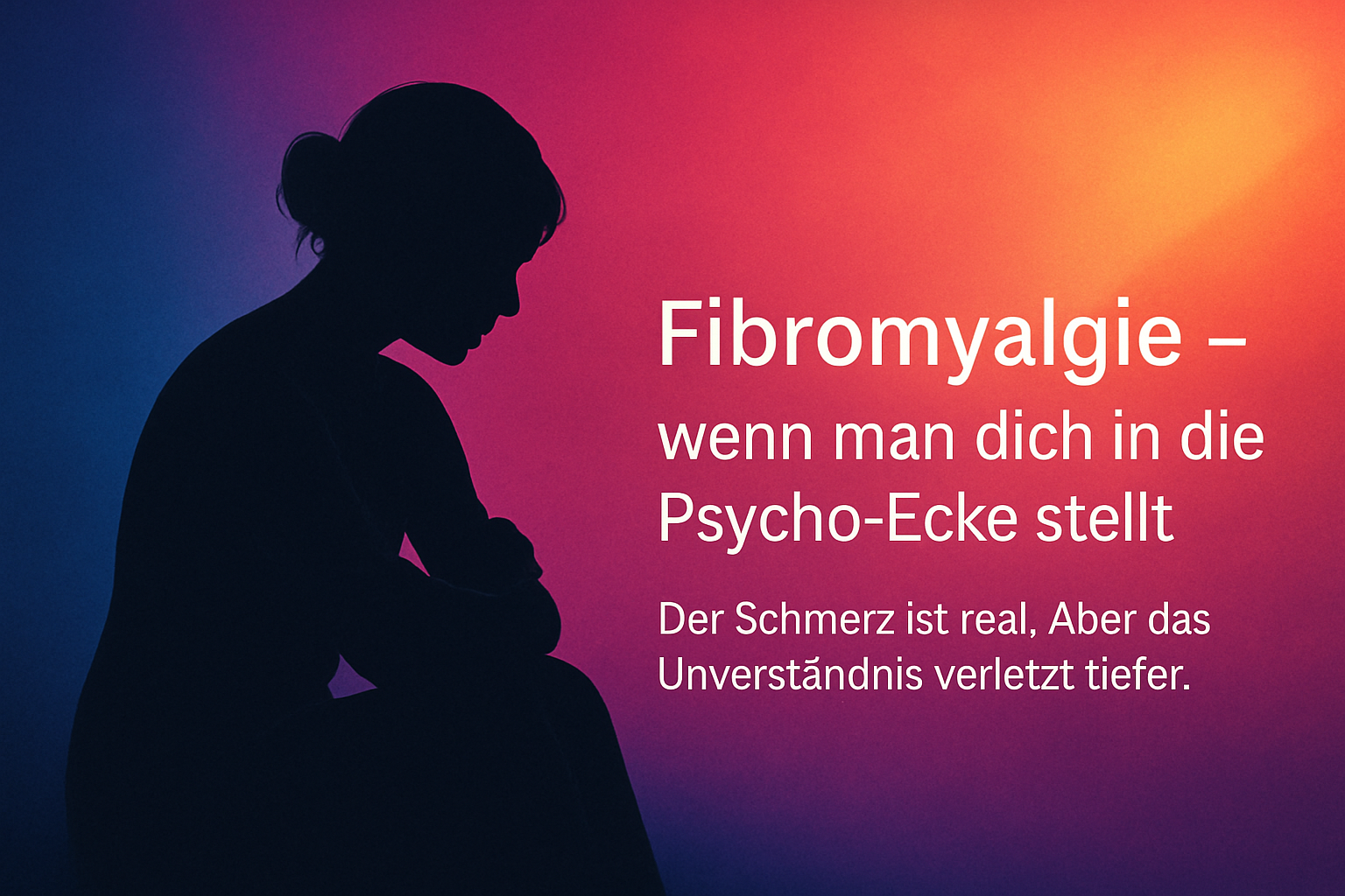Schwarze Silhouette einer nachdenklich sitzenden Frau vor Farbverlauf in Blau, Magenta, Rot, Orange und Gelb mit dem Text: Fibromyalgie – wenn man dich in die Psycho-Ecke stellt