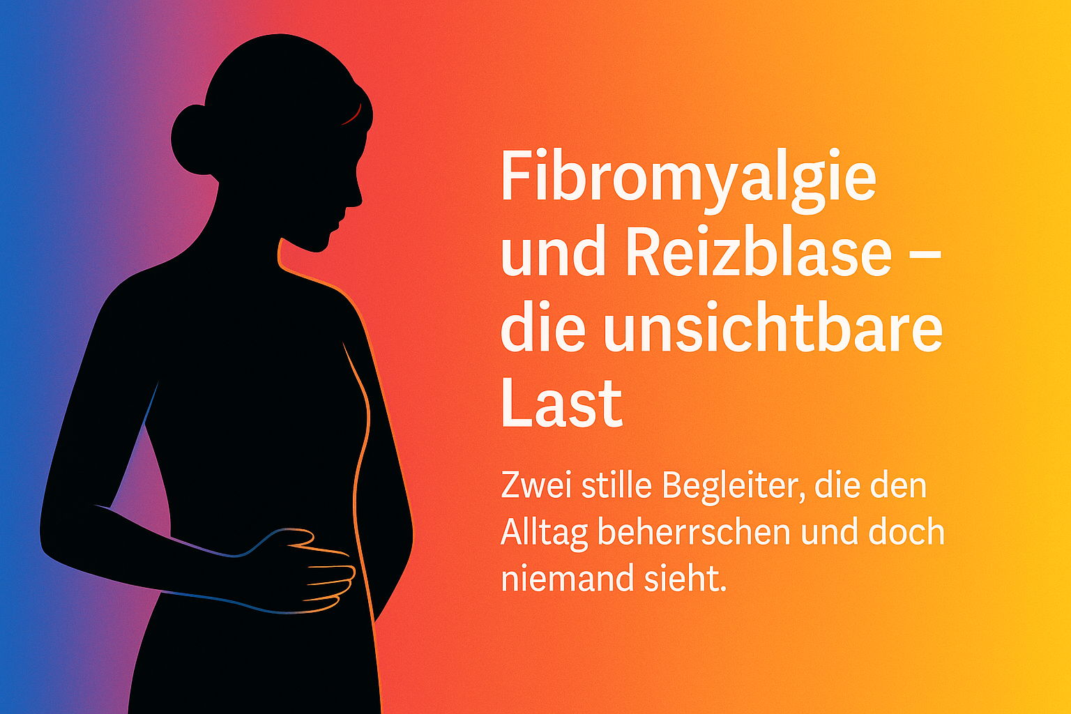 Silhouette einer Frau vor einem weichen Farbverlauf in Blau–Magenta–Rot–Orange–Gelb; rechts darüber der Text: Fibromyalgie und Reizblase – die unsichtbare Last.