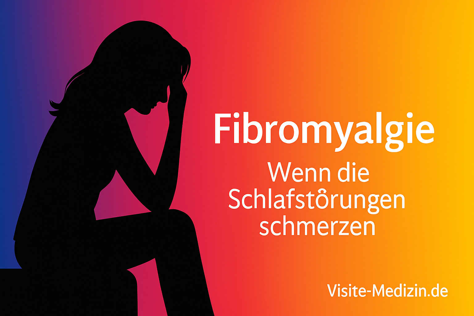 Schwarze Schattensilhouette einer Frau mit offenen Haaren links; harmonischer Verlauf in Blau, Magenta, Rot, Orange und Gelb. Rechts Platz für den Titel: »Fibromyalgie – Wenn die Schlafstörungen schmerzen«.