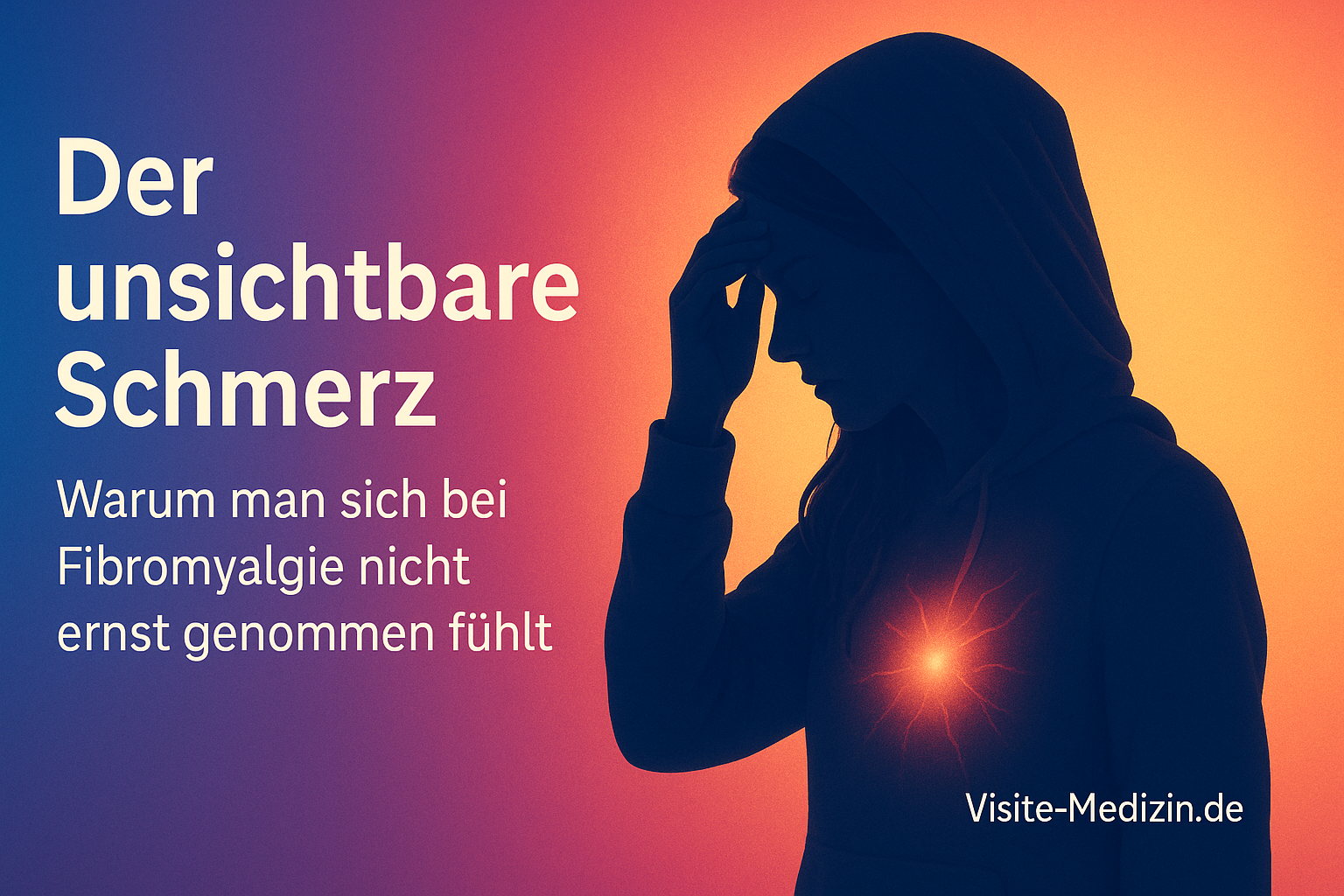 Silhouette einer jungen Frau mit offenen Haaren im Hoodie vor Farbverlauf – Symbol für den unsichtbaren Schmerz bei Fibromyalgie. Links Freifläche für Text, unten rechts Signatur Visite-Medizin.de.