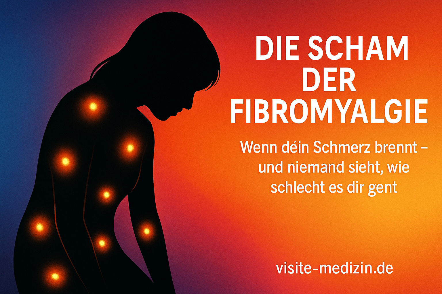 Schwarze Passepartout-Silhouette einer etwa 35-jährigen Frau mit leuchtenden Schmerzpunkten wie Nadelstiche. Hintergrund in Blau, Magenta, Rot, Orange und Gelb. Text rechts oder oben. Unten rechts dezente Signatur visite-medizin.de.