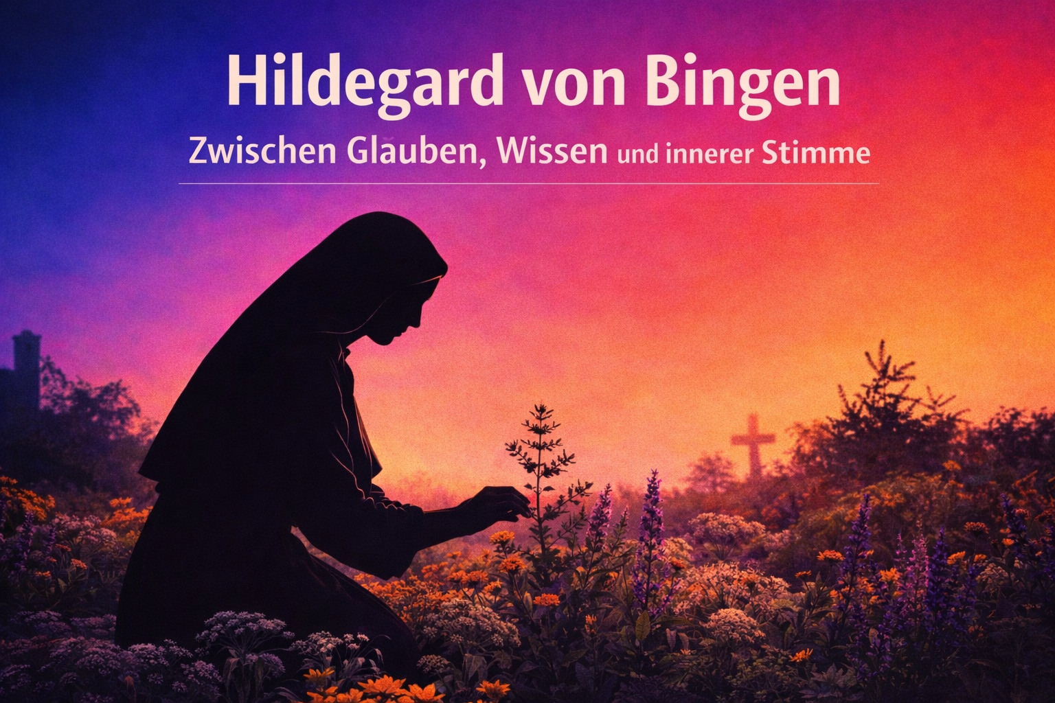 Schwarze Silhouette einer Nonne im Kräuterklostergarten vor einem Farbverlauf in Blau, Violett, Magenta und Orange. Text im Bild: „Hildegard von Bingen“ und „Zwischen Glauben, Wissen und innerer Stimme“.