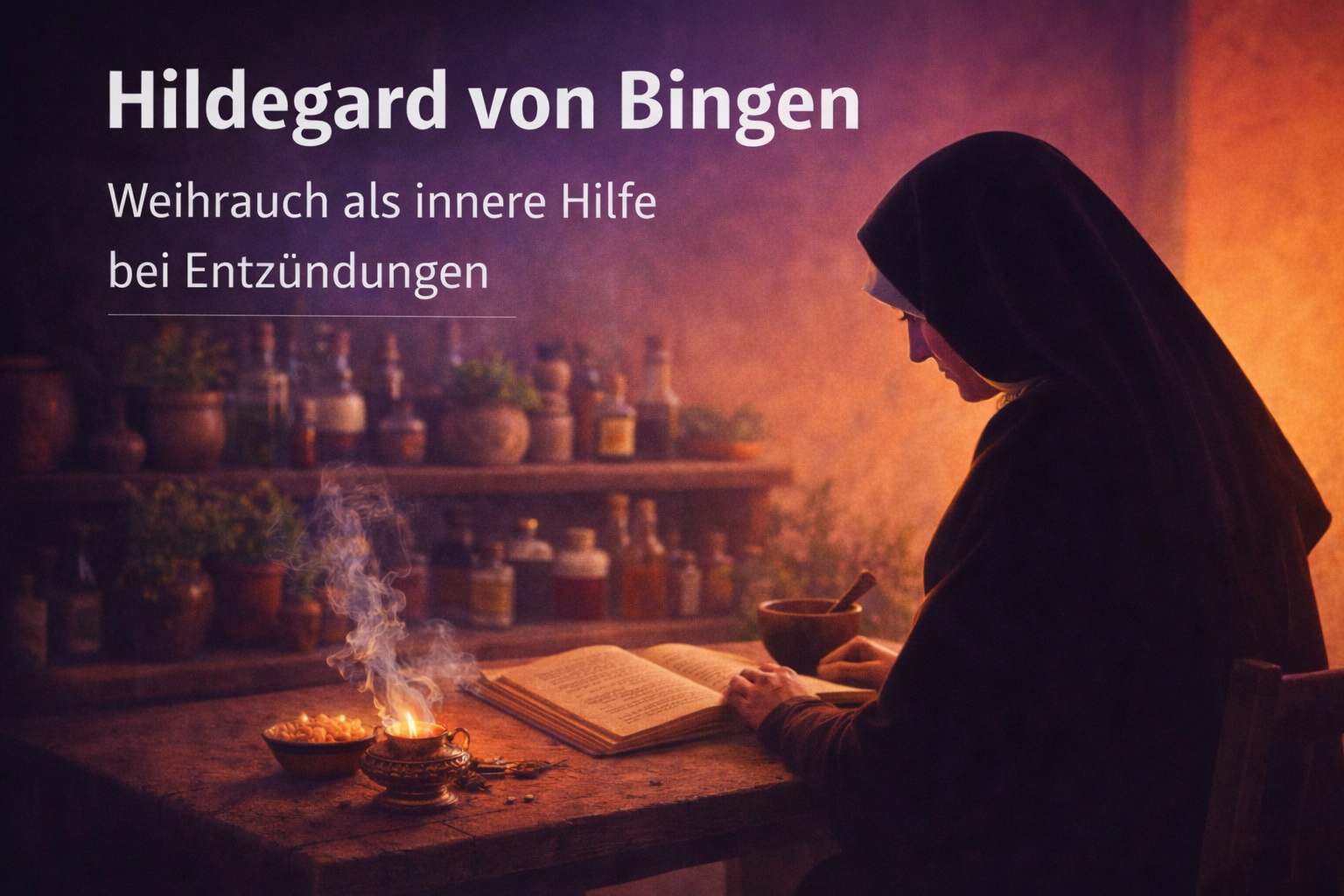 Hildegard von Bingen in einer klösterlichen Apotheke: Eine Nonne sitzt an einem groben Holztisch mit offenem Buch, Mörser und Weihrauchgefäß. Zarter Rauch steigt auf, im Hintergrund stehen Kräuter, Tinkturen und Glasflaschen. Die Szene symbolisiert die klösterliche Heilkunde und den innerlich gedachten Einsatz von Weihrauch bei Entzündungen.