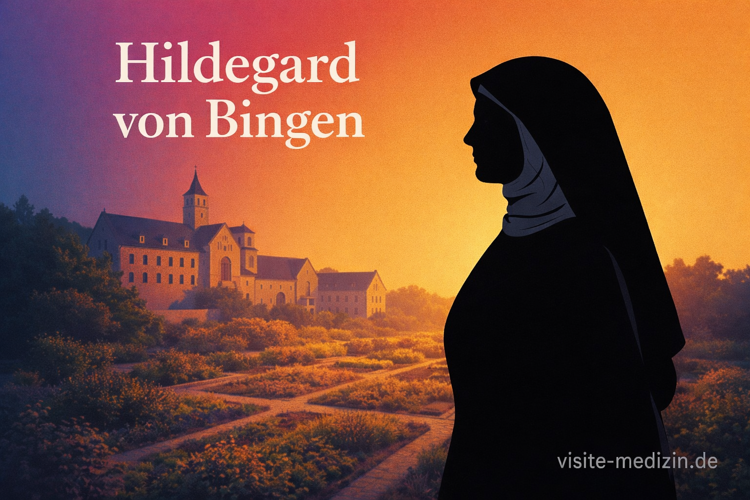 Schwarze Silhouette einer Nonne vor Kloster und Heilgärten, Titel ‚Hildegard von Bingen‘, Signatur visite-medizin.de
