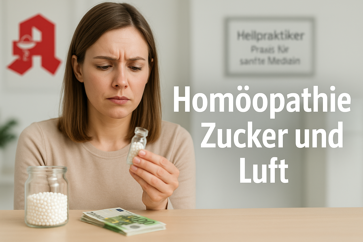 Skeptische Frau in heller Praxisumgebung betrachtet ein Fläschchen mit Globuli. Auf dem Tisch liegen weitere Globuli und Euro-Geldscheine. Rechts im Bild steht der Text: Homöopathie – Zucker und Luft.