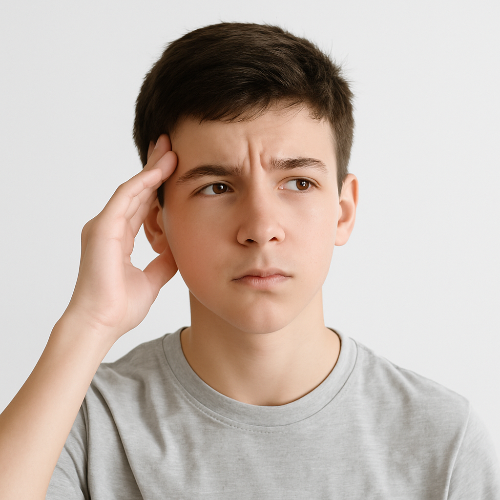 15-jähriger Junge mit nachdenklichem Blick vor weißem Hintergrund, Hand an der Schläfe.