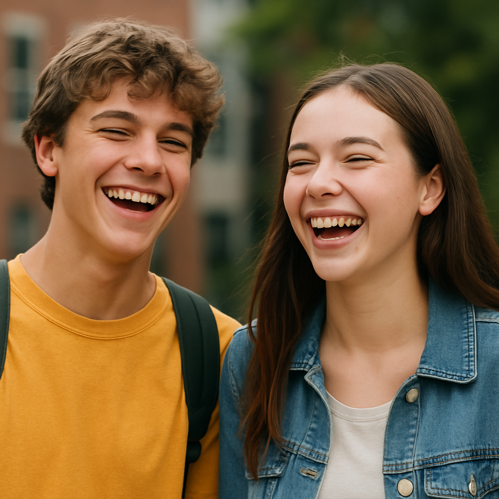 Ein Junge und ein Mädchen, beide etwa 15 Jahre alt, lachen fröhlich zusammen