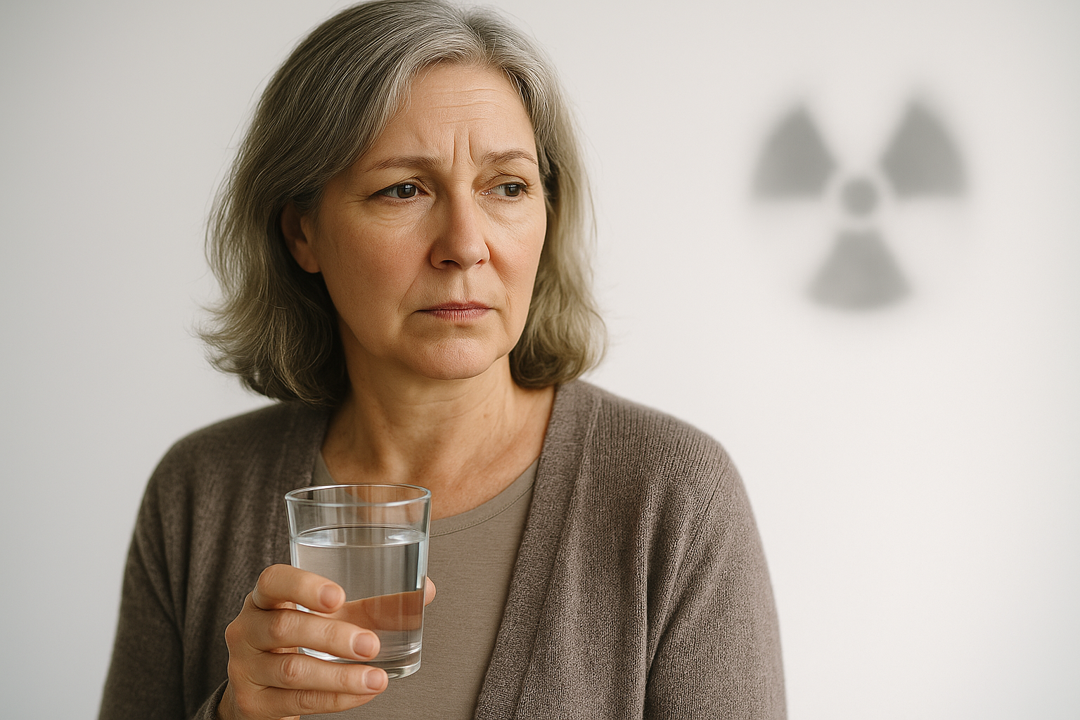 Radon-Heilquellen: Hoffnung mit hohem Risiko 55-jährige Frau hält ein Glas Wasser; im Hintergrund schemenhaft ein Radioaktivitätszeichen – Hinweis auf die Gefahr radonhaltiger Heilquellen.