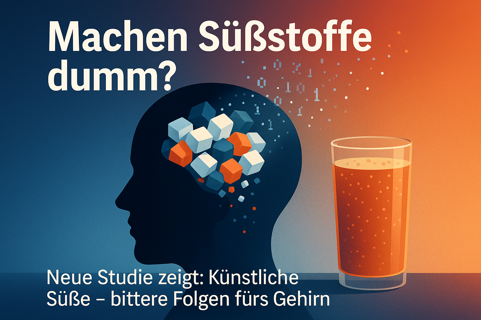 Stilisiertes Profil eines Kopfes auf blau-orange-rotem Verlaufshintergrund, in dem sich Süßstoff-Kristalle in Lichtpunkte verwandeln – Symbol für mögliche Auswirkungen künstlicher Süße auf das Gedächtnis.