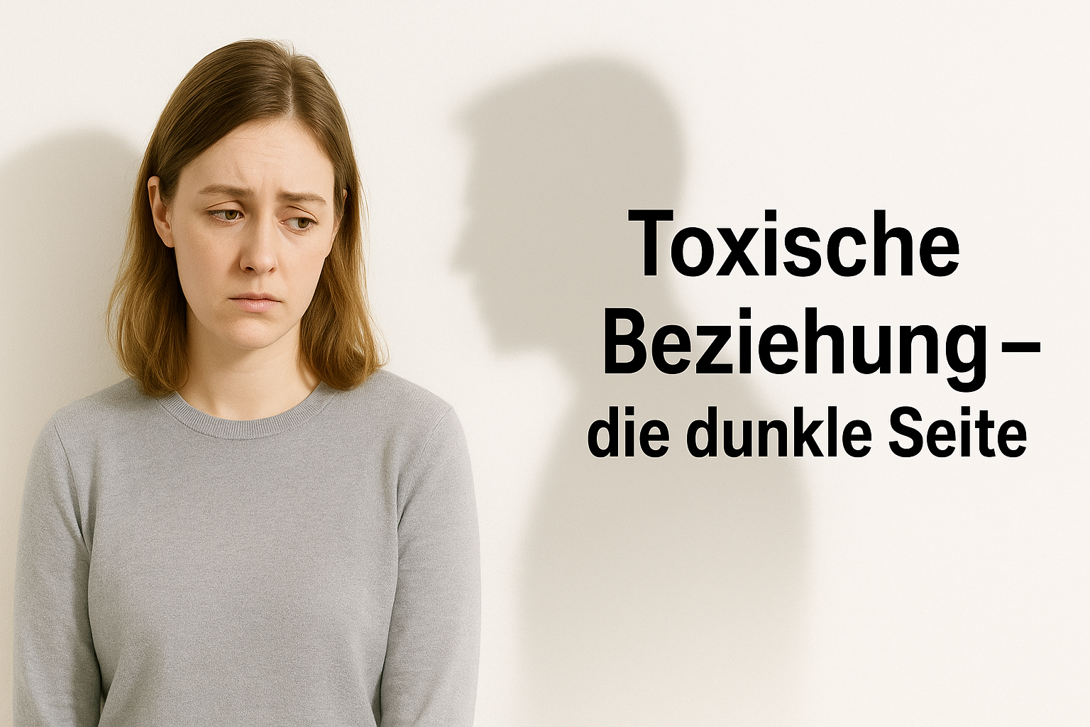 Junge Frau vor heller Wand; an der Wand fällt ein dunkler Männer-Schatten. Rechts im Bild steht der Text: »Toxische Beziehung – die dunkle Seite«.