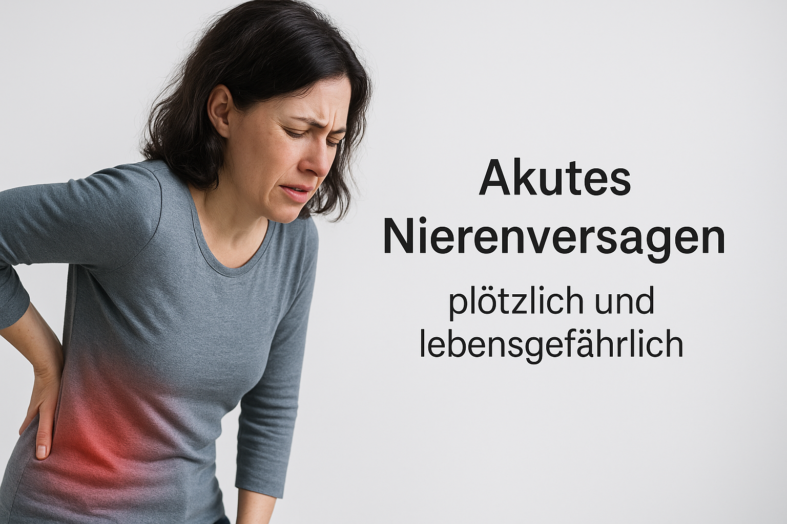 Frau (ca. 35–45) hält sich an die rechte Flanke; rechts der Text: „Akutes Nierenversagen – plötzlich und lebensgefährlich“. Heller Hintergrund.