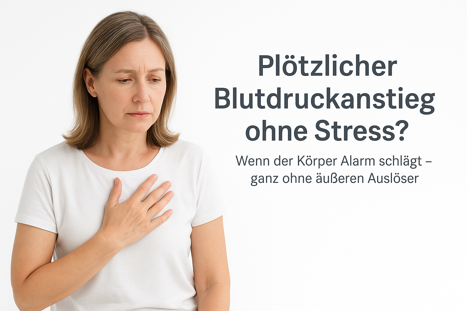 Frau mittleren Alters sitzt ruhig, hält sich nachdenklich die Brust; Hintergrund weich und hell mit Verlauf nach Weiß