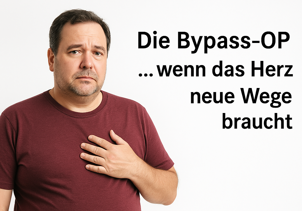 55-jähriger Mann, leicht übergewichtig, hält sich besorgt die Brust; rechts steht der Text: „Die Bypass-OP … wenn das Herz neue Wege braucht“.