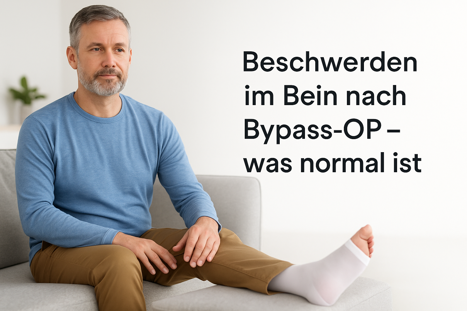 Patient sitzt mit hochgelegtem Bein, trägt Kompressionsstrumpf und wirkt entspannt