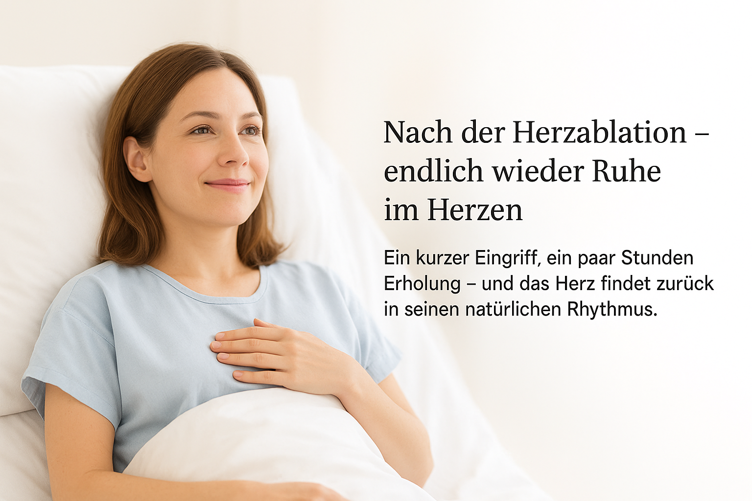 Zufriedene Patientin um 35 liegt leicht aufgerichtet im Krankenhausbett; extrem weichgezeichneter, heller Hintergrund mit Weißverlauf nach rechts.
