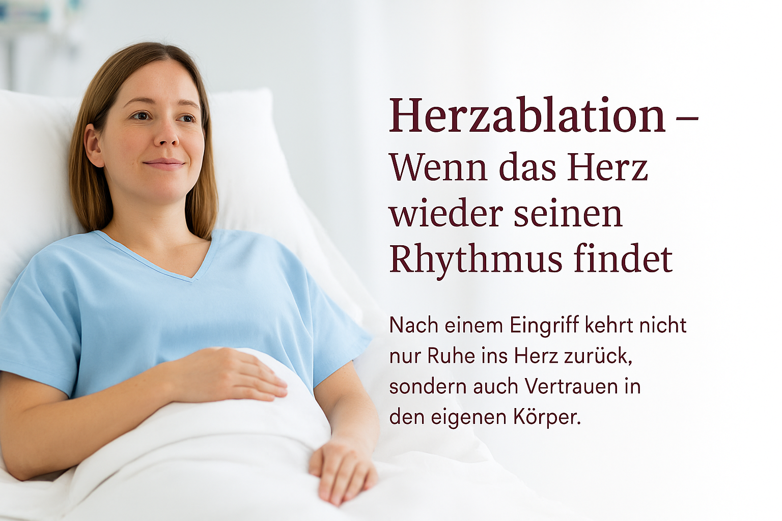 Etwa 40-jährige Patientin liegt ruhig in einem hellen Krankenhausbett; rechts helle Fläche mit Text zur Herzablation.