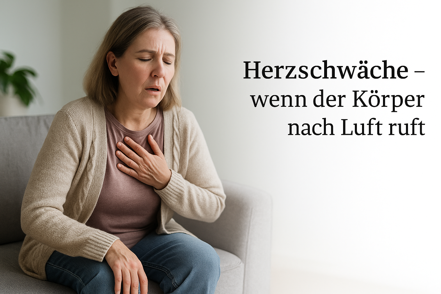 Erschöpfte, kurzatmige Frau sitzt auf dem Sofa; Hand auf der Brust. Rechts ein sanfter Weißverlauf mit dem Text: „Herzschwäche – wenn der Körper nach Luft ruft“.