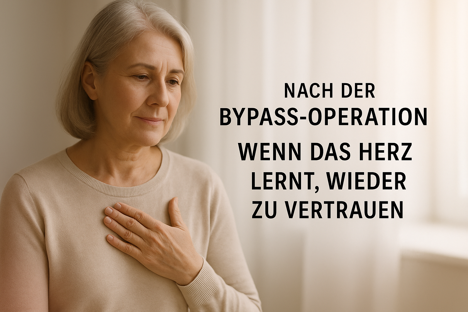 Frau nach Bypass-Operation legt die Hand ruhig auf ihr Herz, Symbol für neues Vertrauen in den eigenen Körper
