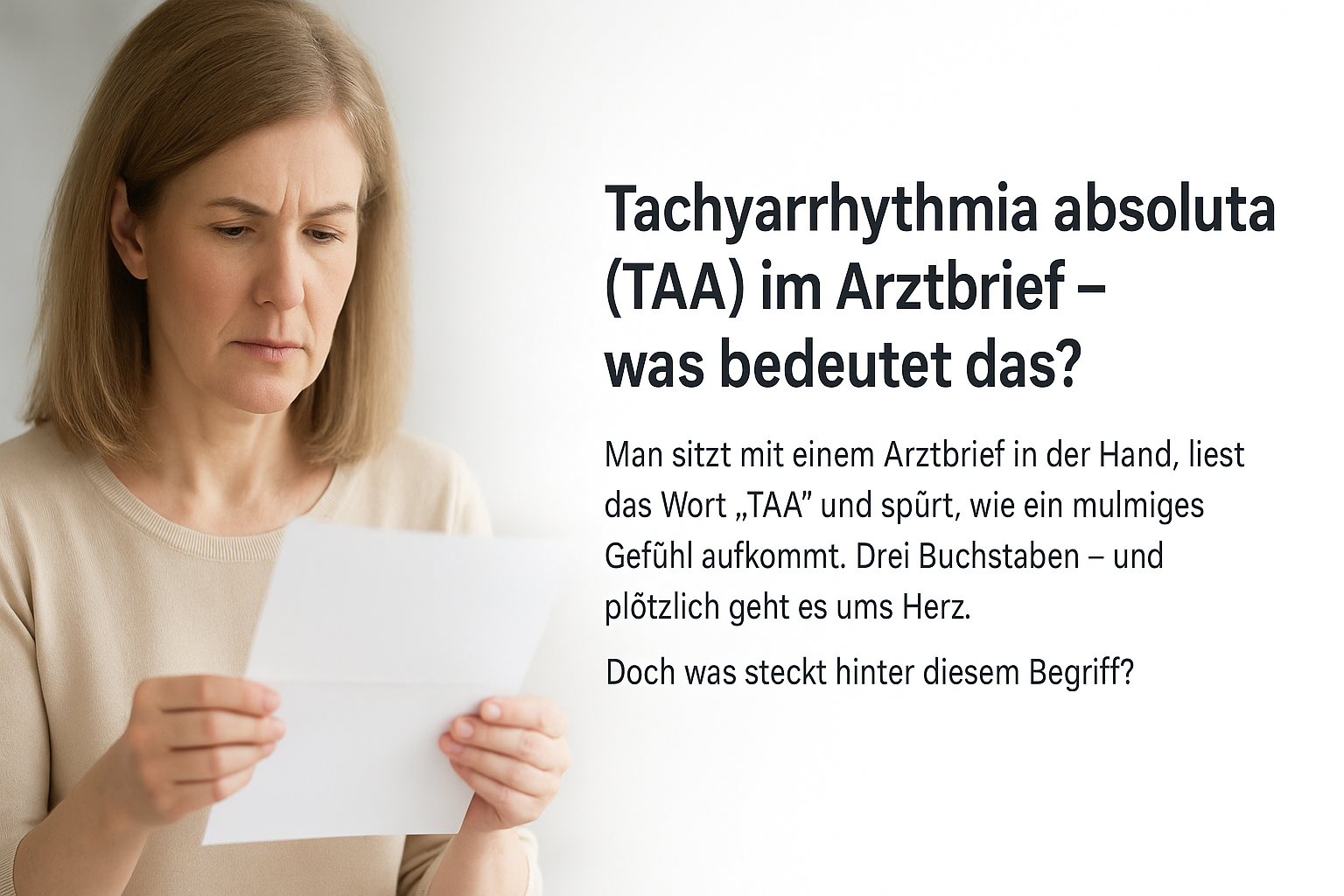 Frau (ca. 45) liest nachdenklich einen Arztbrief vor hell-zu-weiß verlaufendem, verschwommenem Hintergrund. Rechts ist Platz für den Titel: Tachyarrhythmia absoluta (TAA) im Arztbrief – was bedeutet das?