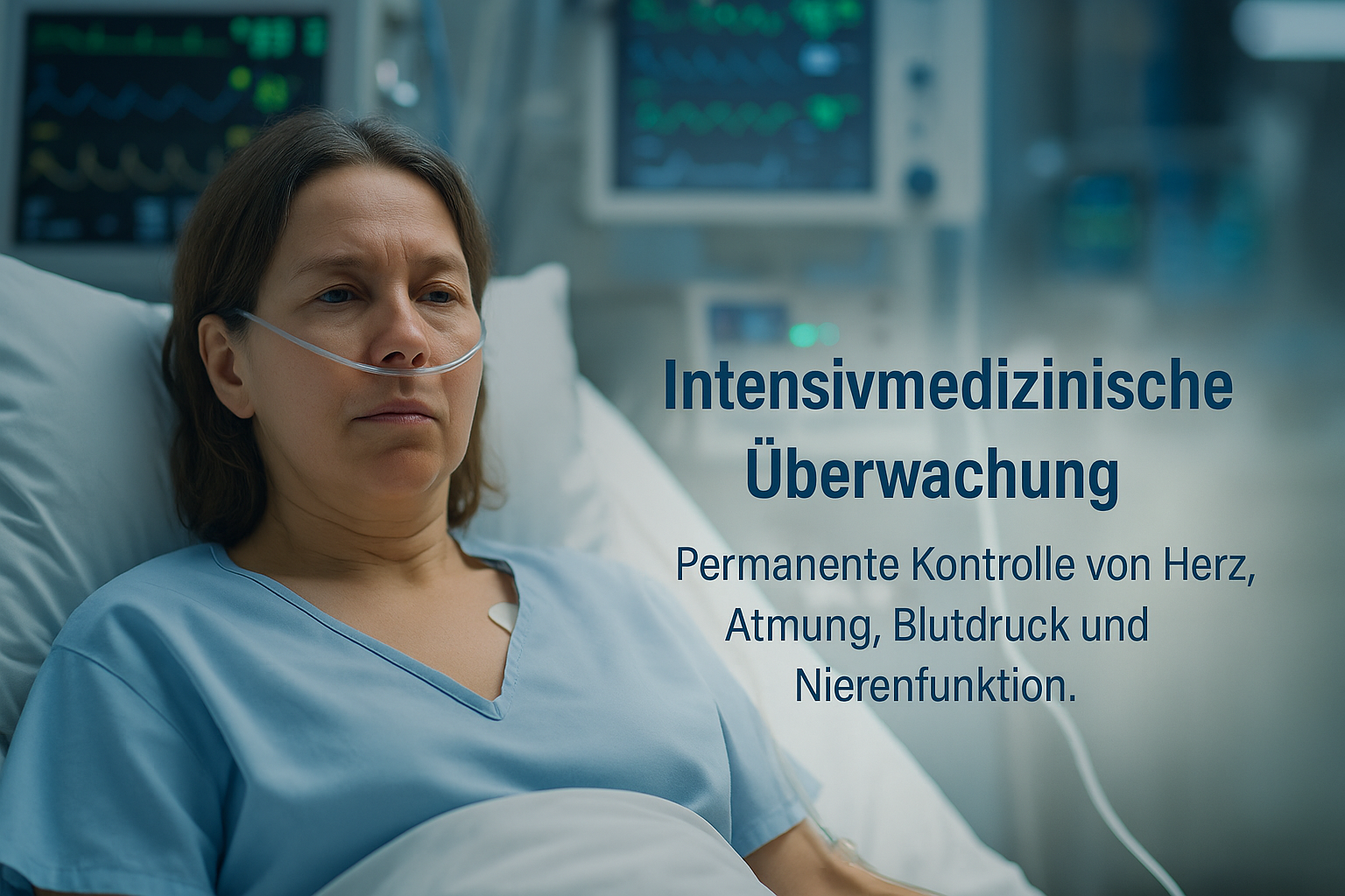 Frau im Intensivbett, vorn scharf; rechts Text: „Intensivmedizinische Überwachung – Permanente Kontrolle von Herz, Atmung, Blutdruck und Nierenfunktion“. Hintergrund mit Monitoren und Geräten stark verschwommen.