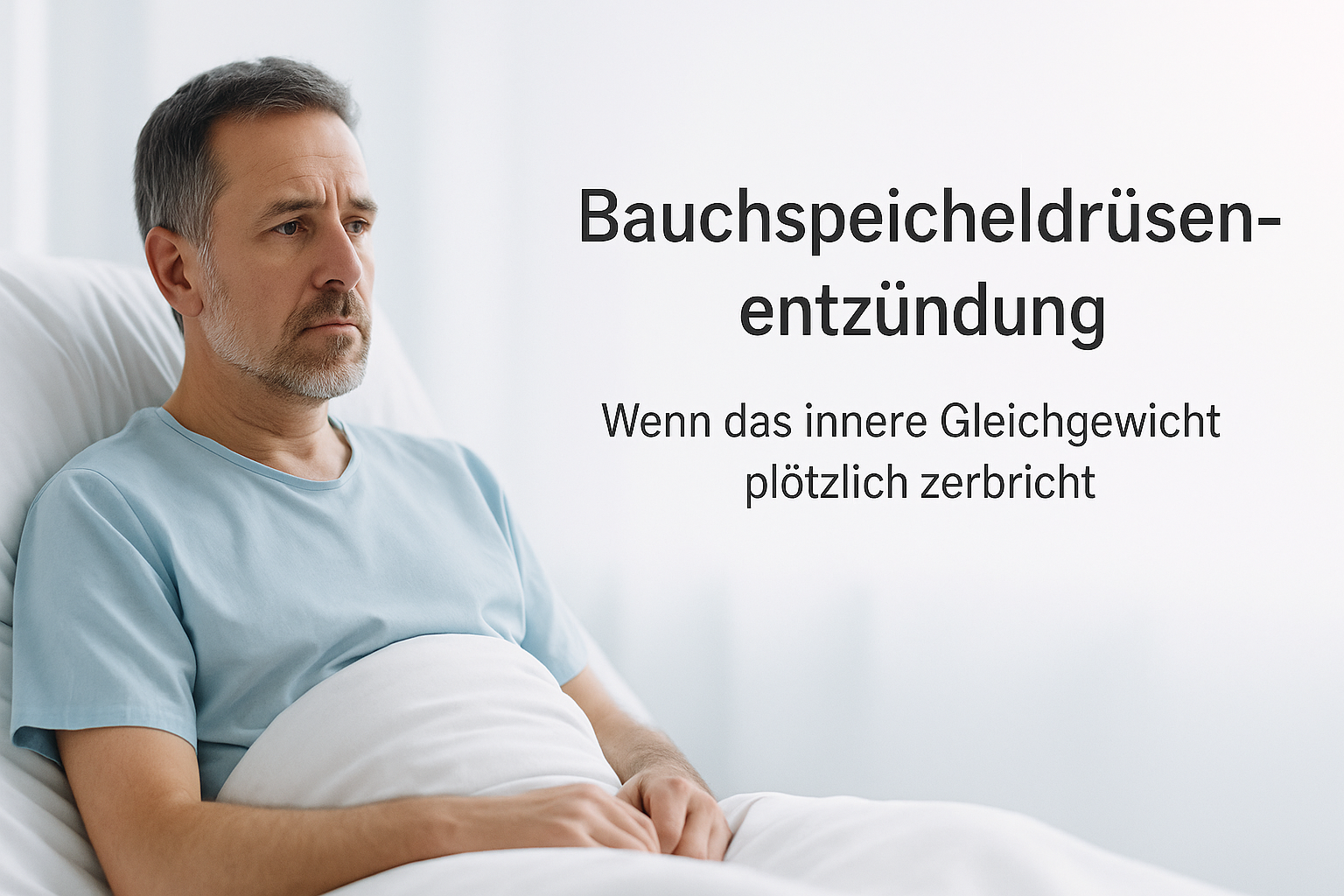 Mann im Krankenhausbett vor hellem, verschwommenem Hintergrund; rechts im Bild steht der Titel: Bauchspeicheldrüsenentzündung – Wenn das innere Gleichgewicht plötzlich zerbricht.