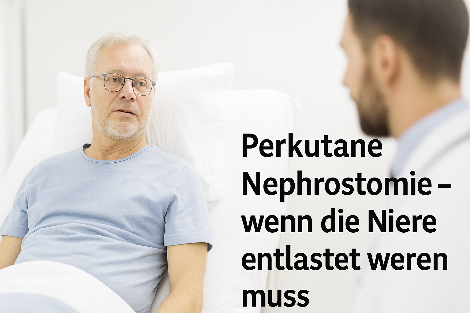 Beruhigende Klinikszene: Patient liegt entspannt im Bett, Arzt erklärt die perkutane Nephrostomie; der Auffangbeutel ist dezent sichtbar.