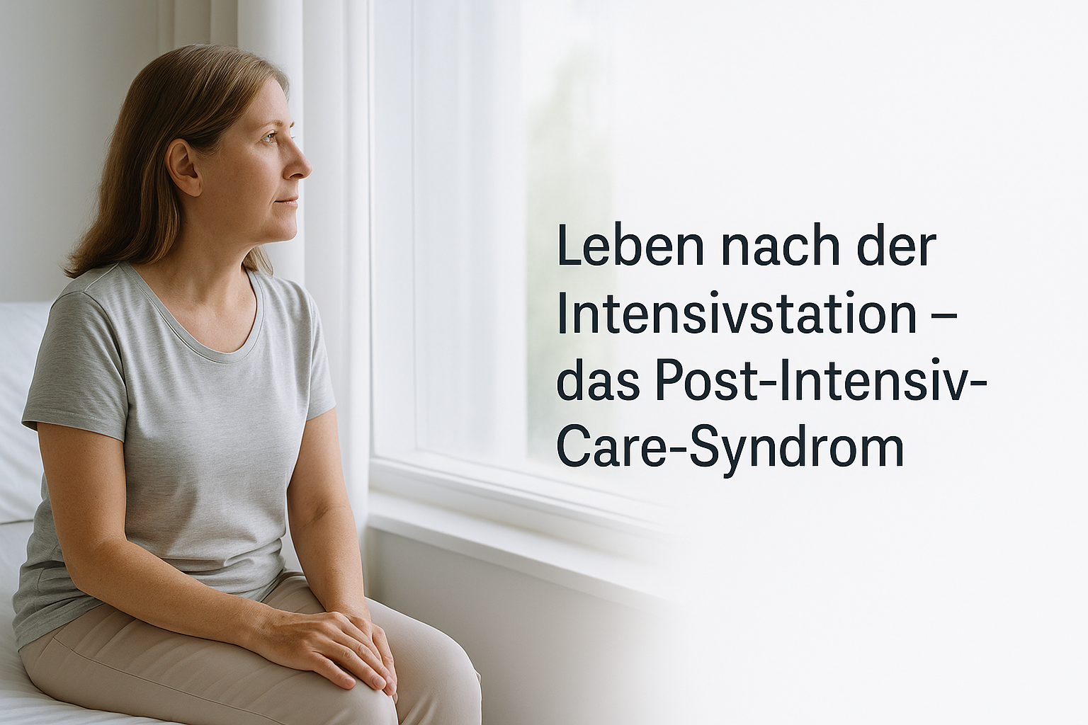Frau mittleren Alters sitzt ruhig am hellen Fenster; weiches Licht, Hintergrund verläuft rechts nach Weiß – Symbol für Hoffnung und behutsame Rückkehr nach der Intensivstation.
