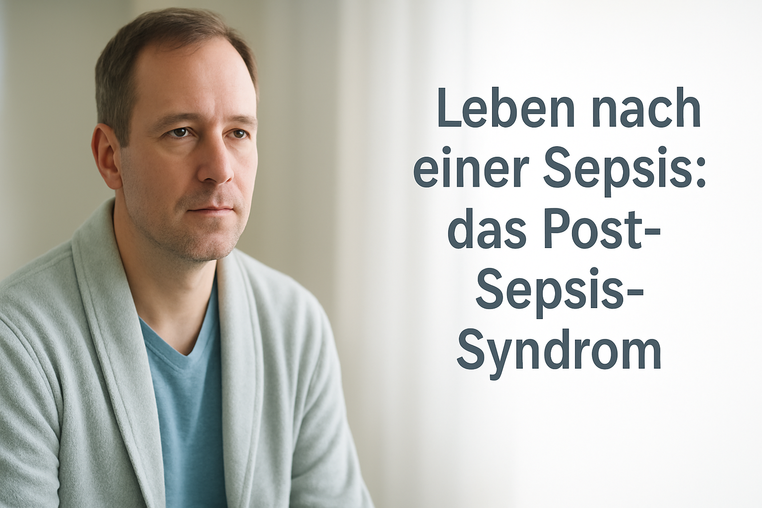 Ruhig blickender Mann links im Bild; rechts sehr heller, weich verschwommener Hintergrund mit Platz für Text: ‚Leben nach einer Sepsis: das Post-Sepsis-Syndrom‘.