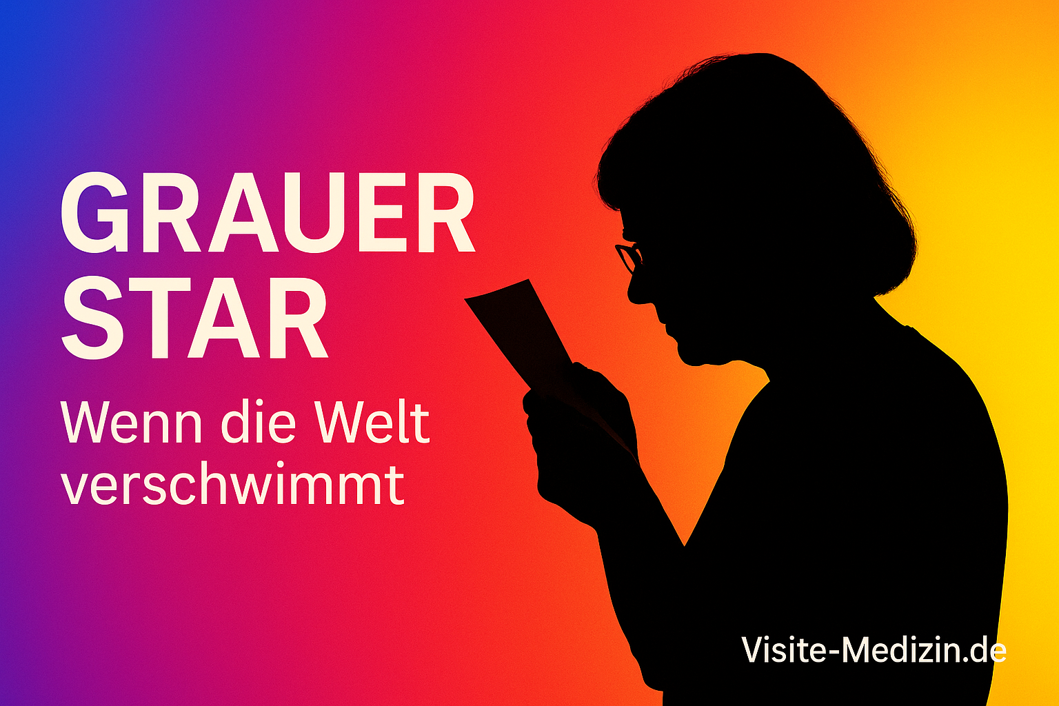 Grauer Star: Silhouette einer Frau (ca. 60) hält ein Blatt nah ans Gesicht; kräftiger Farbverlauf Blau–Magenta–Rot–Orange–Gelb; Signatur Visite-Medizin.de unten rechts