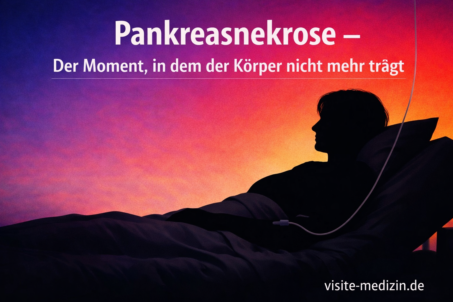 Schwarze Silhouette einer etwa 50-jährigen Frau im Krankenhausbett; am Arm eine Infusion. Oben steht: „Pankreasnekrose – Der Moment, in dem der Körper nicht mehr trägt“. Unten rechts die Signatur „visite-medizin.de“ vor einem Farbverlauf.