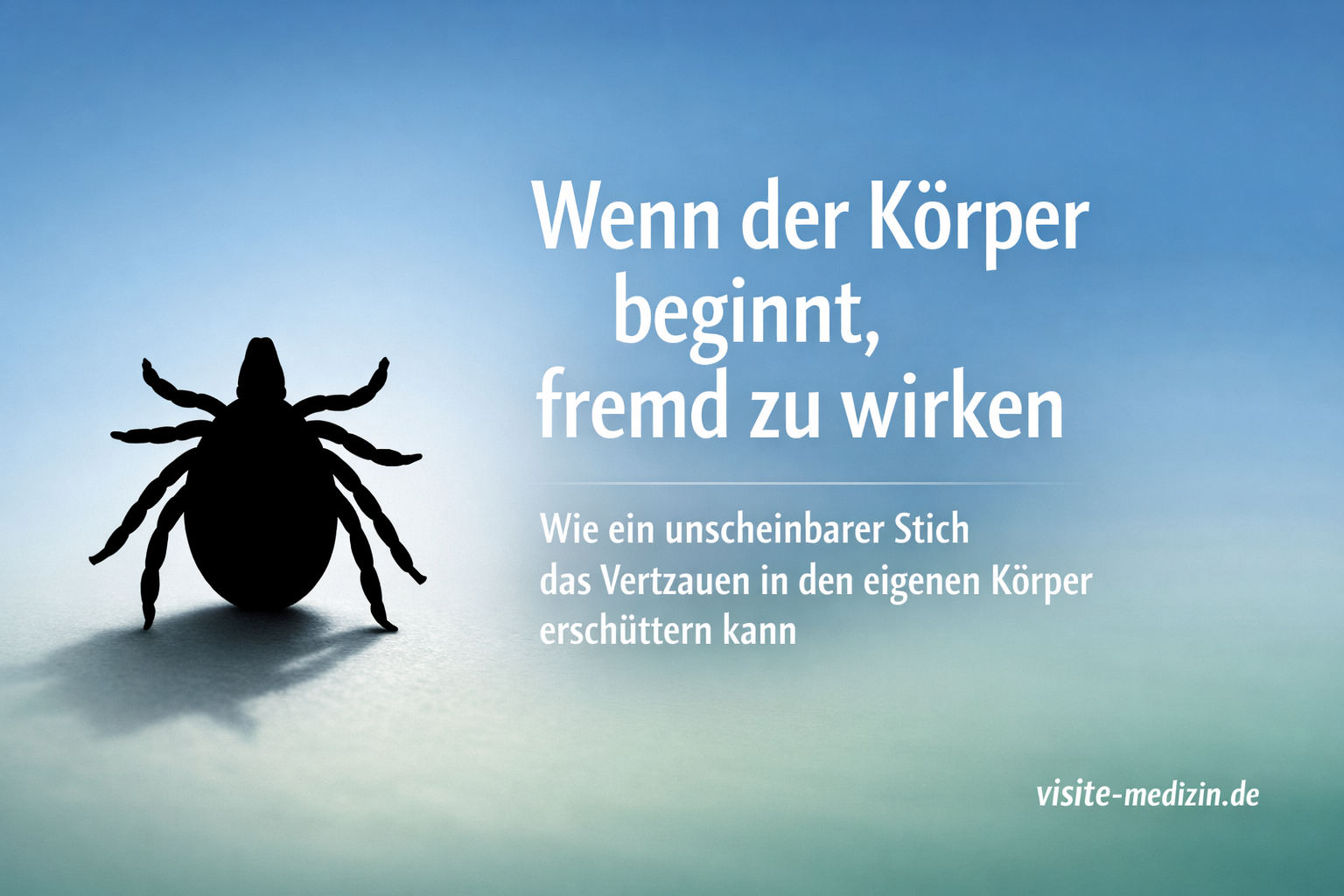 Schwarze Silhouette einer Zecke mit deutlich erkennbarem Schatten vor einem ruhigen Farbverlauf. Rechts steht der Titel: ‚Wenn der Körper beginnt, fremd zu wirken‘ sowie der Untertitel. Unten rechts die Signatur ‚visite-medizin.de‘.