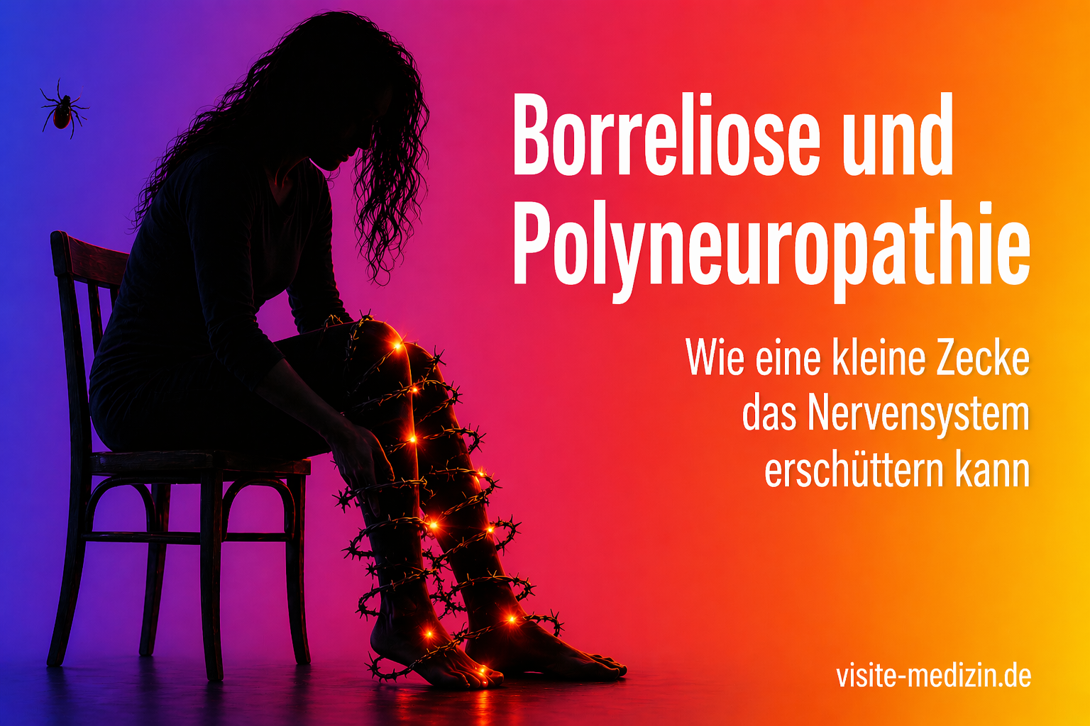 Schwarze Silhouette einer etwa 45-jährigen Frau mit langen Haaren, die auf einem Stuhl sitzt. Ihre Beine sind mit Stacheldraht umwickelt, an mehreren Einstichstellen leuchten brennende Schmerzpunkte. Im Hintergrund ein harmonischer Farbverlauf im visite-medizin.de Stil. Rechts steht der Titel Borreliose und Polyneuropathie sowie der Untertitel Wie eine kleine Zecke das Nervensystem erschüttern kann. Unten rechts die Signatur visite-medizin.de.