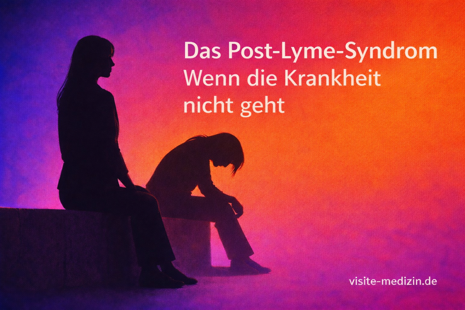 Schwarze Silhouette einer Frau im Business-Outfit sitzt aufrecht auf einer Mauer. Neben ihr liegt deutlich als Schatten erkennbar eine zweite, gekrümmte Silhouette derselben Person. Hintergrund: weicher Verlauf von Blau/Violett zu Magenta und Orange. Text im Bild: „Das Post-Lyme-Syndrom“ und „Wenn die Krankheit nicht geht“, unten rechts „visite-medizin.de“.