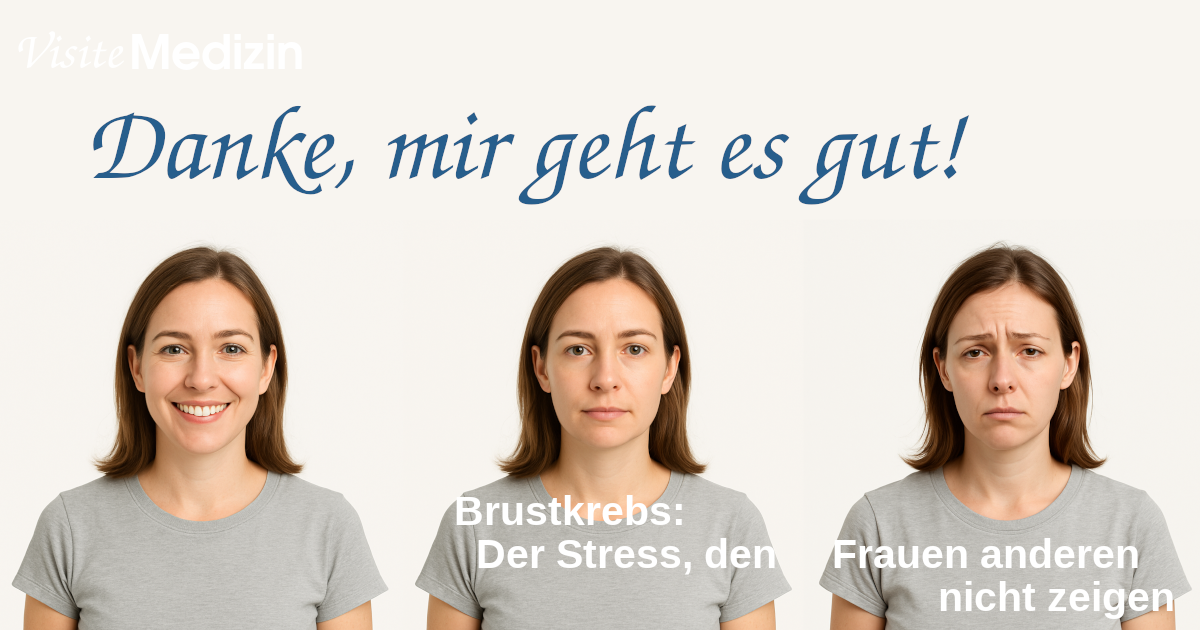 Drei Porträts einer Frau: nach außen lächelnd, innerlich angespannt und traurig – verdeckter Stress bei Brustkrebs