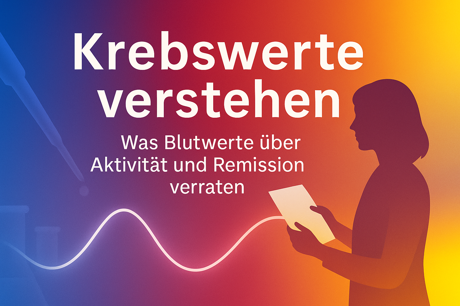 Frau hält einen Arztbrief vor Farbverlauf in Blau–Magenta–Rot–Orange–Gelb; Titel: Krebswerte verstehen
