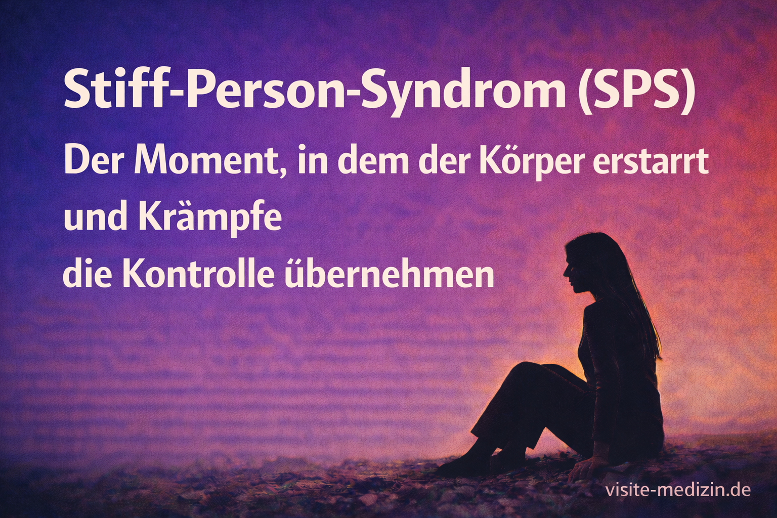 Titelgrafik: Stiff-Person-Syndrom (SPS) – Der Moment, in dem der Körper erstarrt und Krämpfe die Kontrolle übernehmen. Schwarze Silhouette einer sitzenden Frau vor einem blau-violett-orangefarbenen Farbverlauf, Signatur visite-medizin.de.