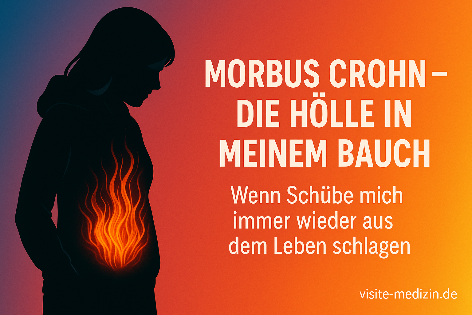 Schwarze Silhouette einer Frau (35, Hoodie, lange Haare) vor Farbverlauf Blau–Magenta–Rot–Orange–Gelb; im Bauchbereich fein, filigran und intensiv leuchtende Flammen; Titelschrift rechts: »Morbus Crohn – die Hölle in meinem Bauch«, Untertitel: »Wenn Schübe mich immer wieder aus dem Leben schlagen«; Signatur unten rechts: visite-medizin.de