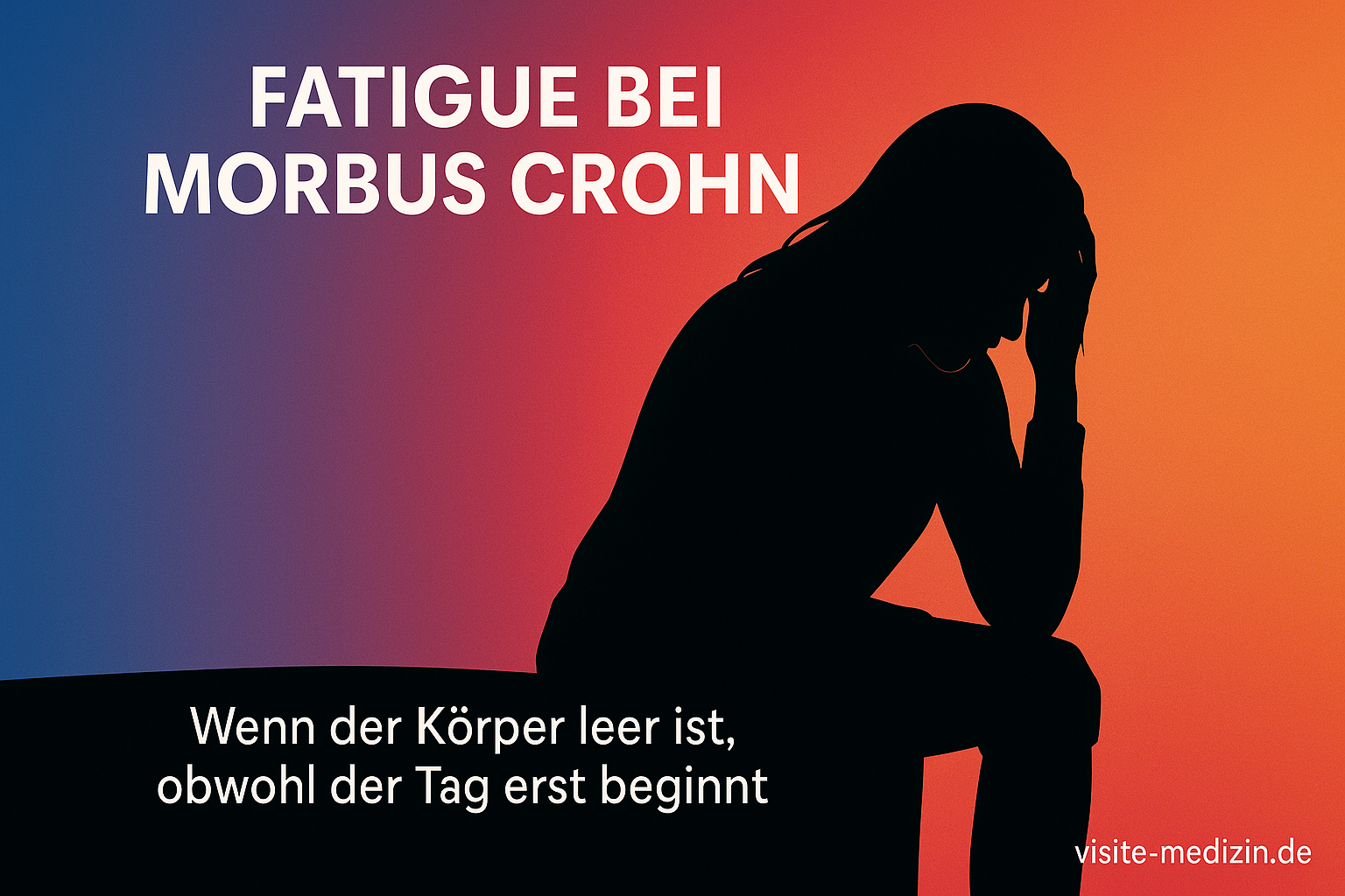 Silhouette einer erschöpften Frau (35) mit langen Haaren vor Farbverlauf Blau–Magenta–Rot–Orange–Gelb. Titel: Fatigue bei Morbus Crohn. Untertitel: Wenn der Körper leer ist, obwohl der Tag erst beginnt. Signatur: visite-medizin.de.
