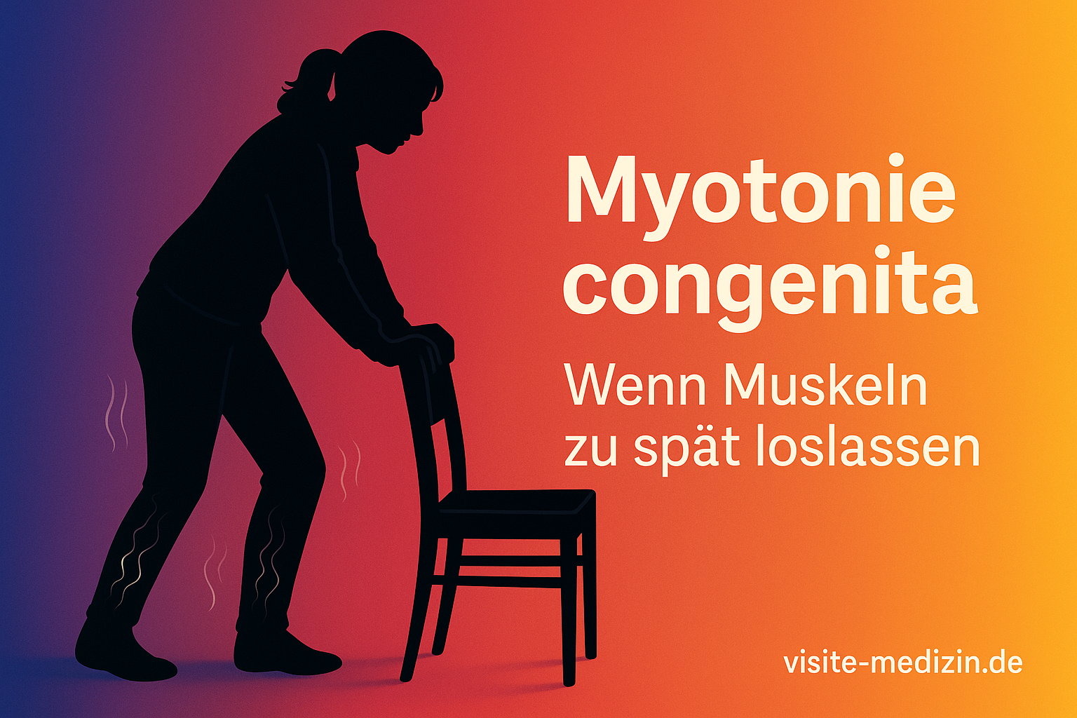 Silhouette einer Frau, etwa 35 Jahre, stützt sich auf einen Stuhl. Hintergrund in Verlauf von Blau über Magenta zu Orange-Gelb. Rechts im Bild der Text: Myotonie congenita – Wenn Muskeln zu spät loslassen. Unten rechts visite-medizin.de